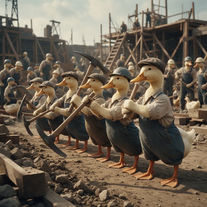 Surreal illustration of five ducks in work clothes and hats holding pickaxes on a construction site, with human workers and wooden scaffolding in the background.