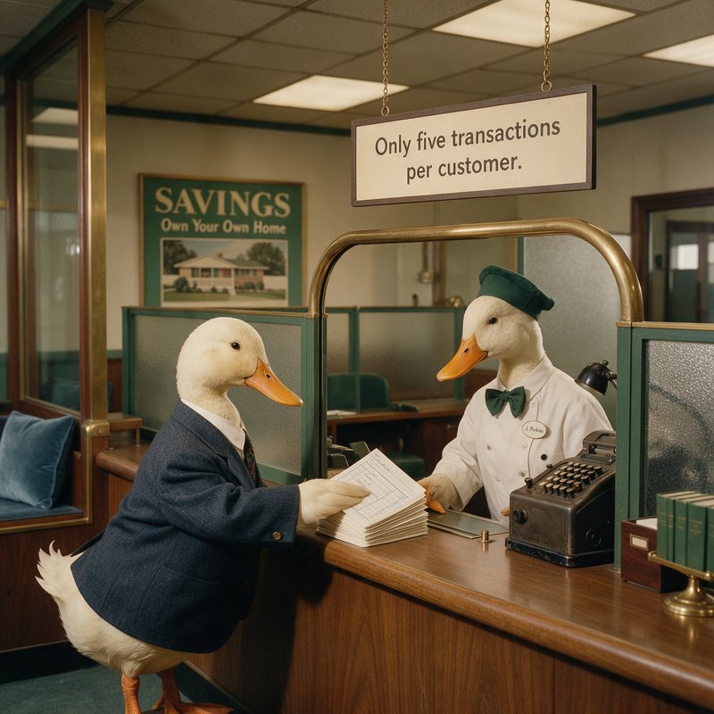 Vintage bank interior with anthropomorphic ducks: one in a dark suit holding papers at the counter, the other in a white shirt and green bow tie operating a vintage typewriter behind the desk, a sign above reading "Only five transactions per customer"