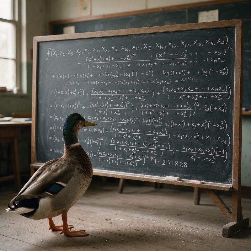 Duck standing in front of a blackboard covered with handwritten mathematical equations and formulas in a classroom.