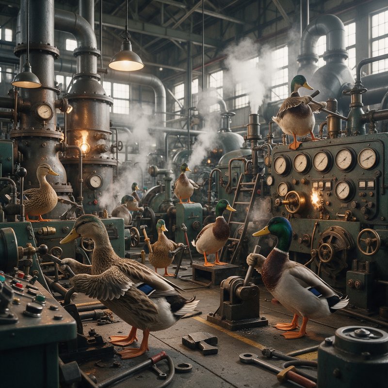 Steampunk-style illustration of ducks operating an industrial factory with copper pipes, steam vents, pressure gauges, and hanging pendant lights.