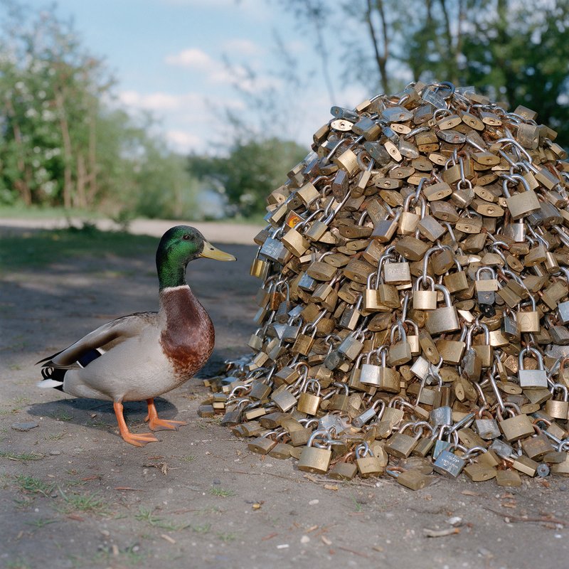 Mallard duck standing beside a large dome-shaped pile of padlocks chained together outdoors.