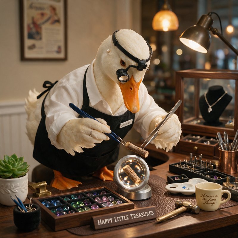 Anthropomorphic white duck wearing jeweler's loupe and apron, examining gemstones at a workbench with tools, jewelry display cases, and a desk lamp in a warm workshop setting.