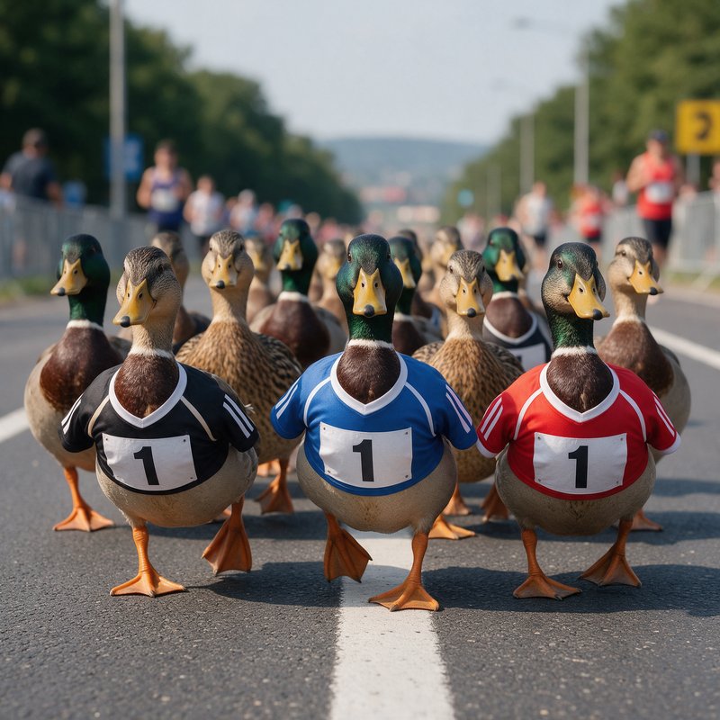 Ducks wearing numbered racing bibs walk down a paved road lined with spectators under trees.