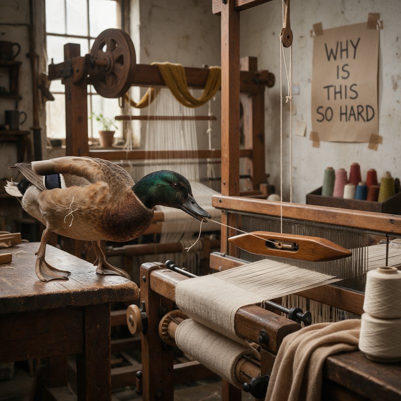 A taxidied duck stands on a workbench in a weaving studio surrounded by wooden looms, spools of thread, and a handwritten sign reading "WHY IS THIS SO HARD".