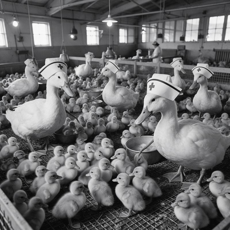 Black and white photograph of ducks wearing nurse caps in a crowded indoor pen with dozens of ducklings, circa mid-20th century.