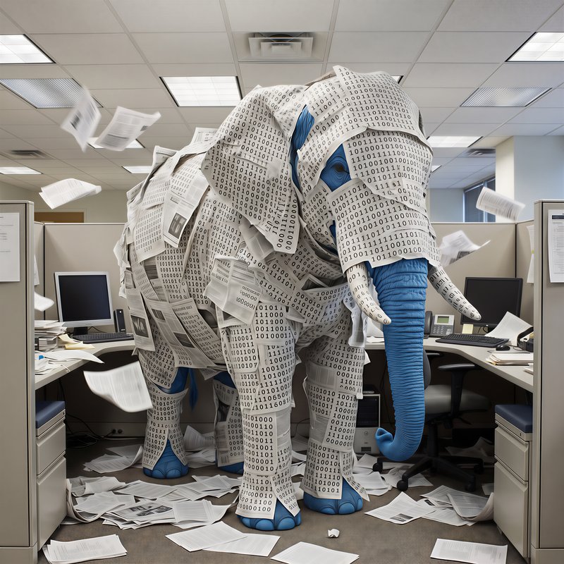 A blue elephant in a cube, covered huge pages (get it?) covered with ones and zeros.