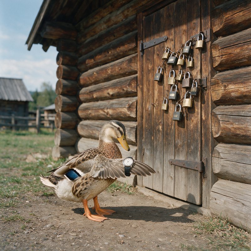 Duck wearing a wristwatch stands in front of a wooden log cabin door with multiple padlocks, other log buildings visible in background.