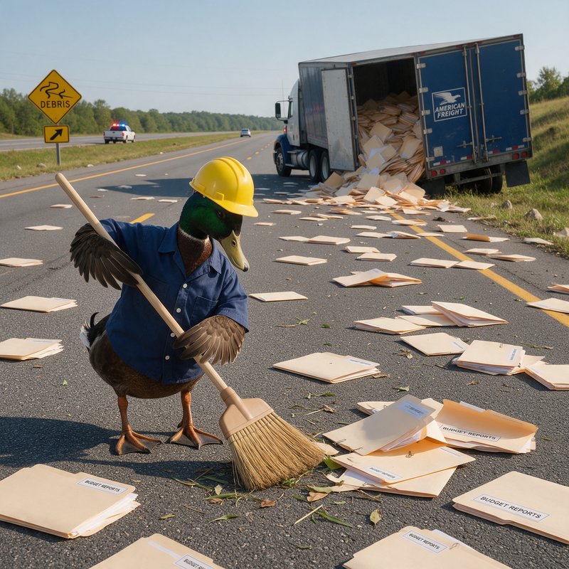 Anthropomorphic duck wearing a yellow hard hat and blue work shirt sweeps scattered papers from a highway while an overturned truck labeled "American Freight" spills its cargo nearby.