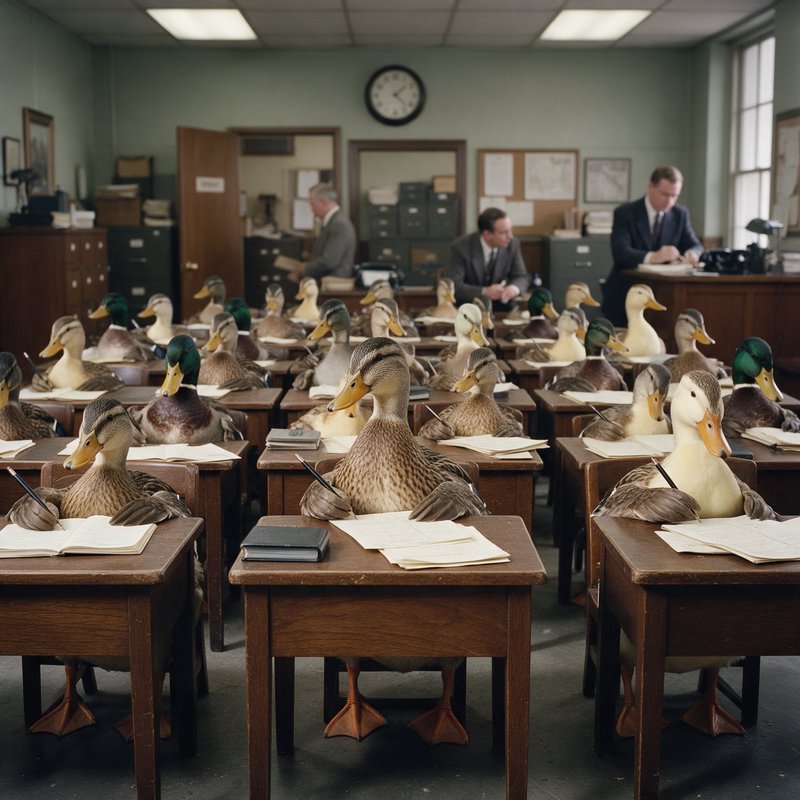 Photograph of a mid-century office filled with ducks seated at school desks with papers and notebooks, while suited men work in the background.