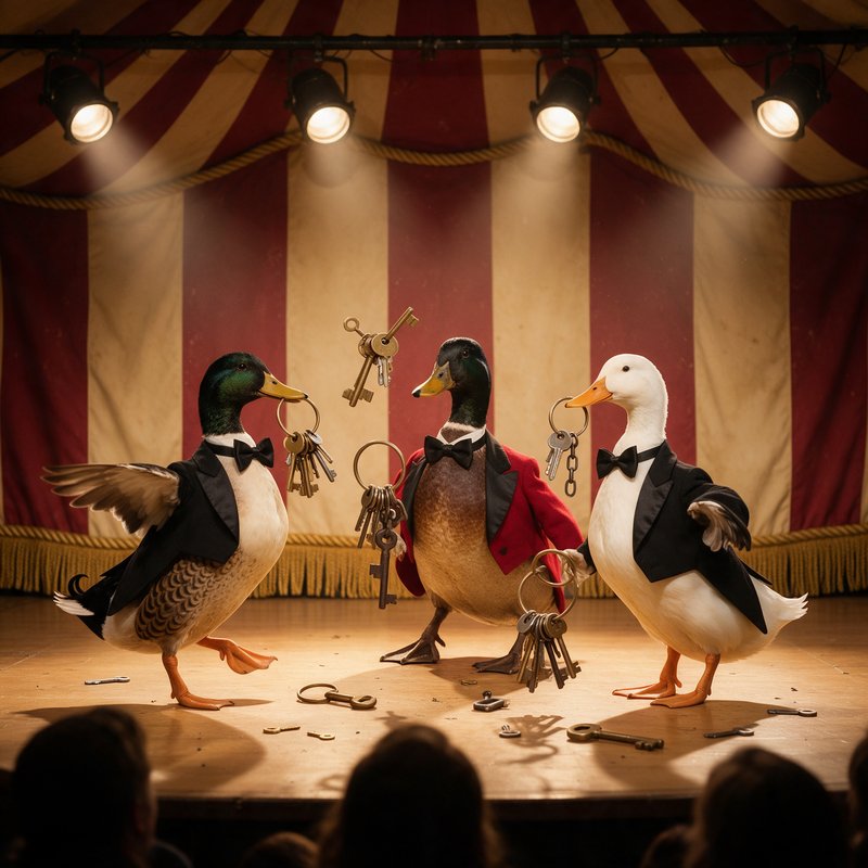 Illustration of three anthropomorphic ducks in tuxedos juggling keys on a circus stage with striped tent backdrop and spotlight lighting.