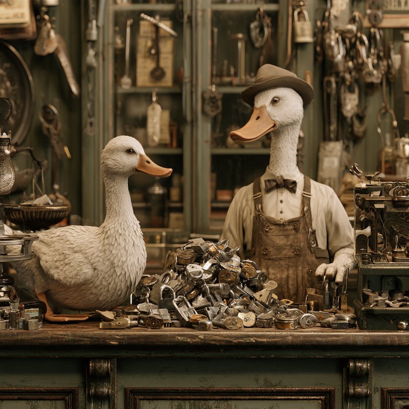Anthropomorphic ducks in a steampunk workshop: one in plain dress on the left, one wearing a bowler hat, suspenders, and vest on the right, surrounded by metal gears and machine parts on a workbench.