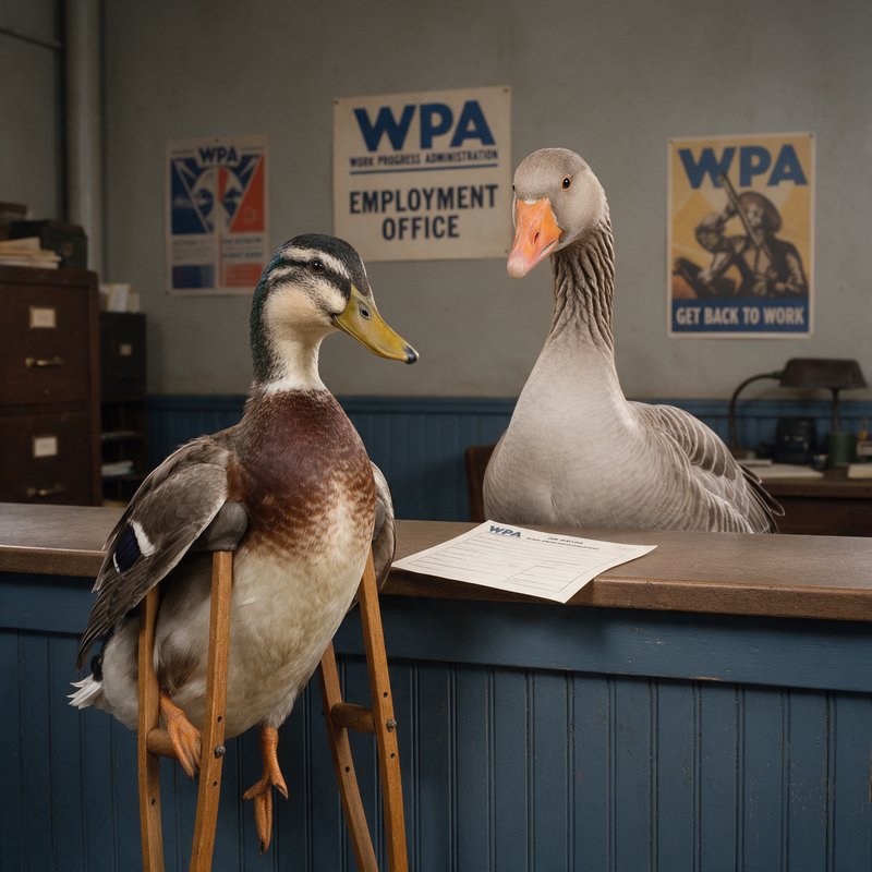 Two waterfowl stand at a wooden desk in a WPA Employment Office, with vintage New Deal posters on the wall behind them.