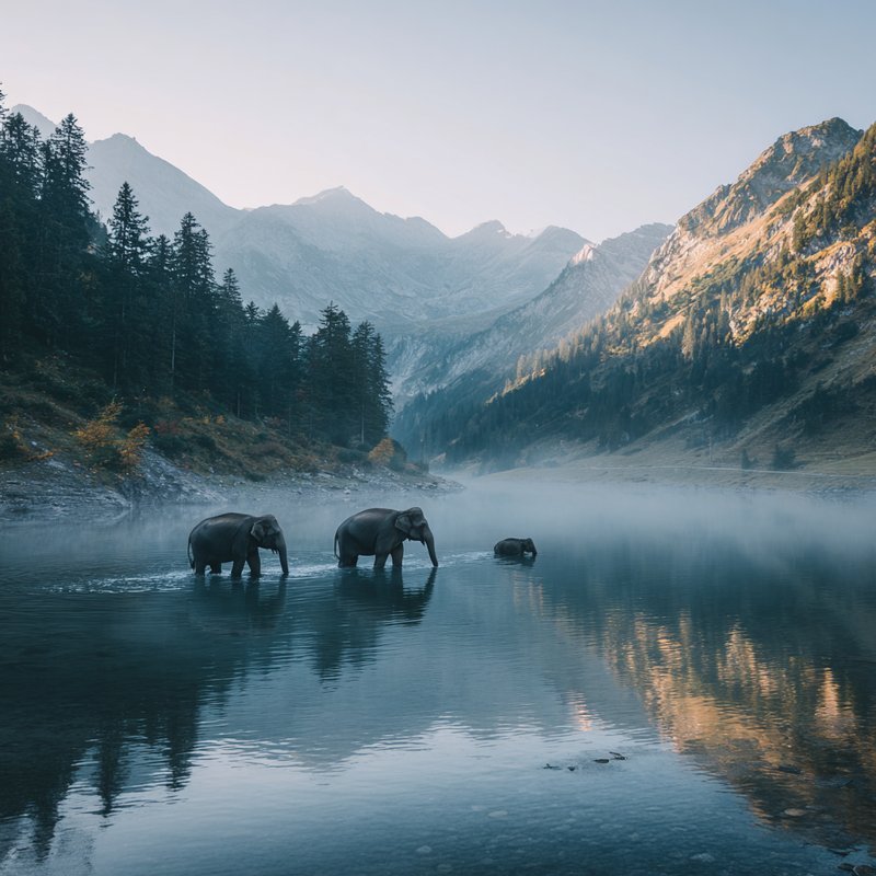 A serene alpine lake, at early morning. A small family of elephants is splashing around in the lake, having a great time.