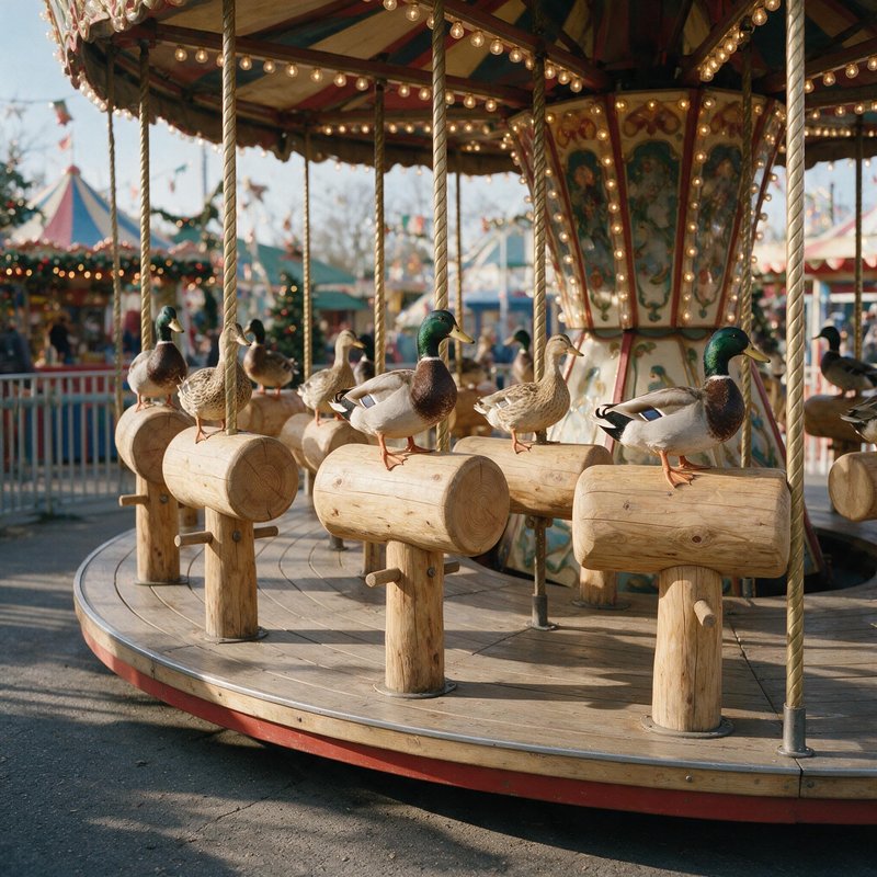 Vintage carousel with wooden duck figures perched on logs instead of traditional horses, illuminated by strings of lights, at a fairground with tents and rides visible in the background.
