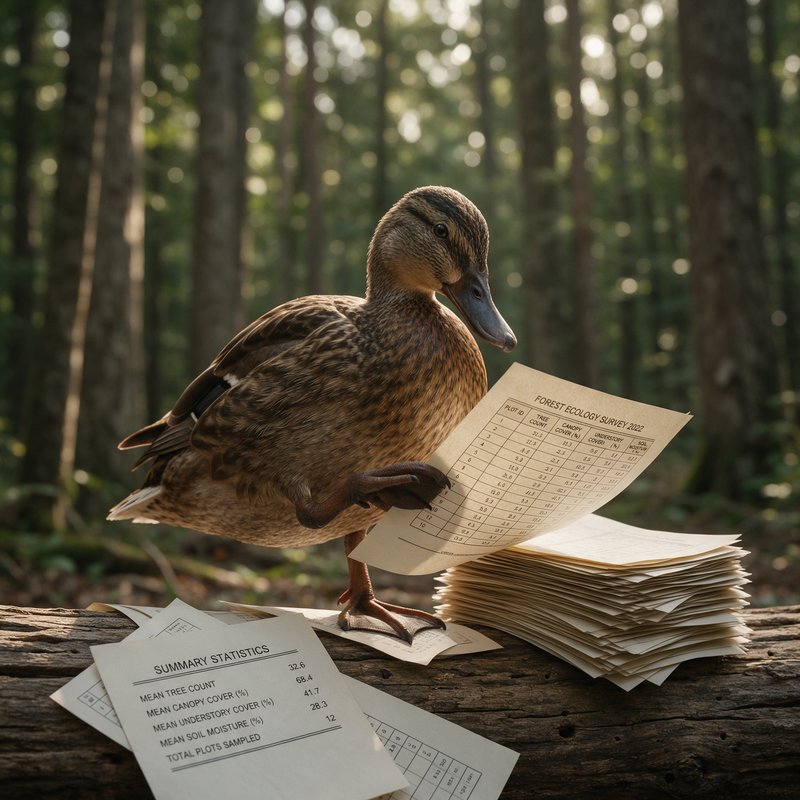 Duck holding a forest ecology survey sheet, surrounded by data tables and stacked papers on a log in a wooded setting.