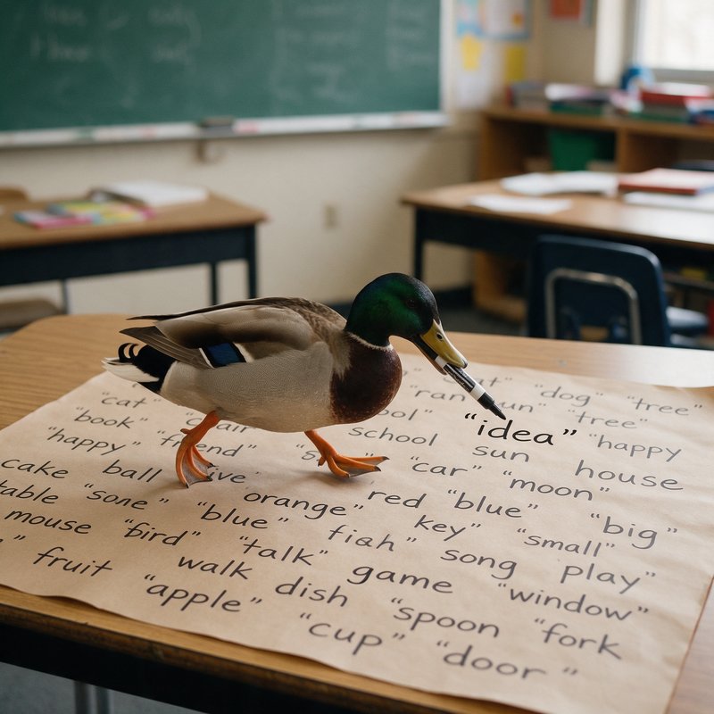 Photograph of a mallard duck standing on a sheet of paper covered with vocabulary words in a classroom setting, with desks and a chalkboard blurred in the background.