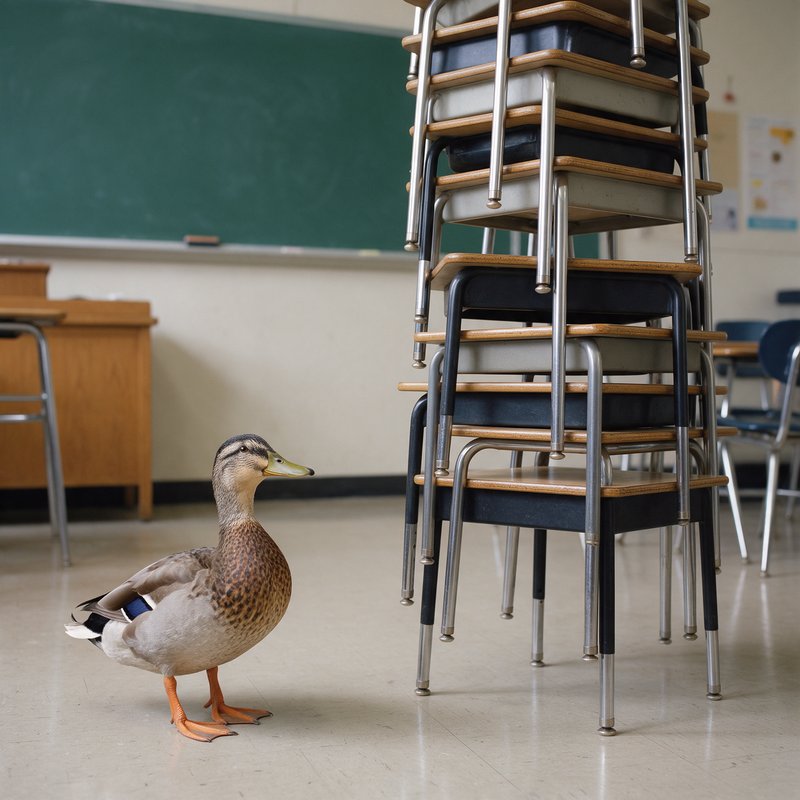 A duck stands on a classroom floor next to a stack of wooden and metal chairs, with a green chalkboard and wooden furniture visible in the background.