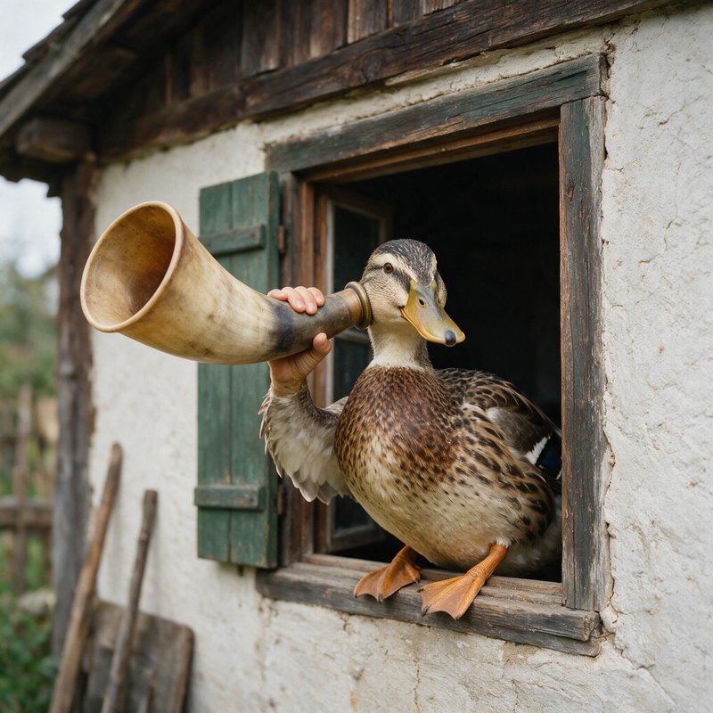 Duck holding a wooden horn at a window of a rustic cottage with weathered white walls and green shutters.