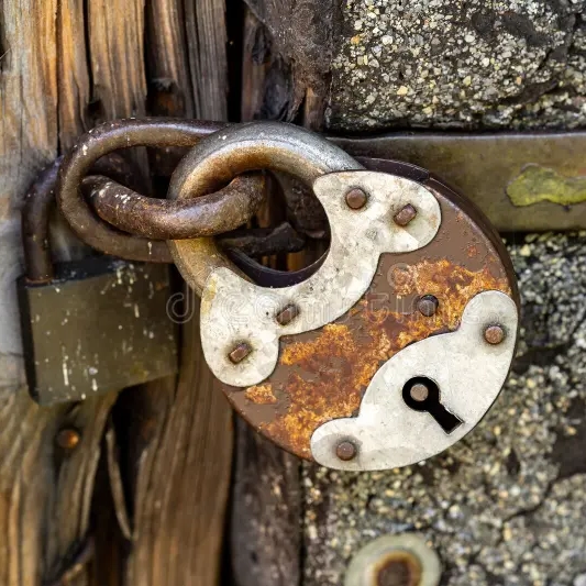 A rusty padlack symbolizing the lack of access to a database system.